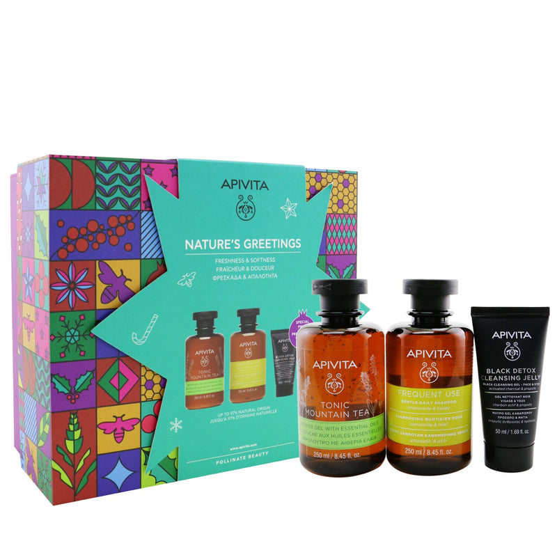 Apivita Nature's Greetings Set: Tonic Mountain Tea Shower Gel 250ml+ Gentle Daily Shampoo 250ml+ Black Cleansing Gel 50ml  3pcs