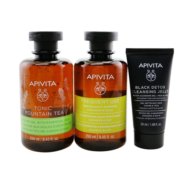 Apivita Nature's Greetings Set: Tonic Mountain Tea Shower Gel 250ml+ Gentle Daily Shampoo 250ml+ Black Cleansing Gel 50ml  3pcs