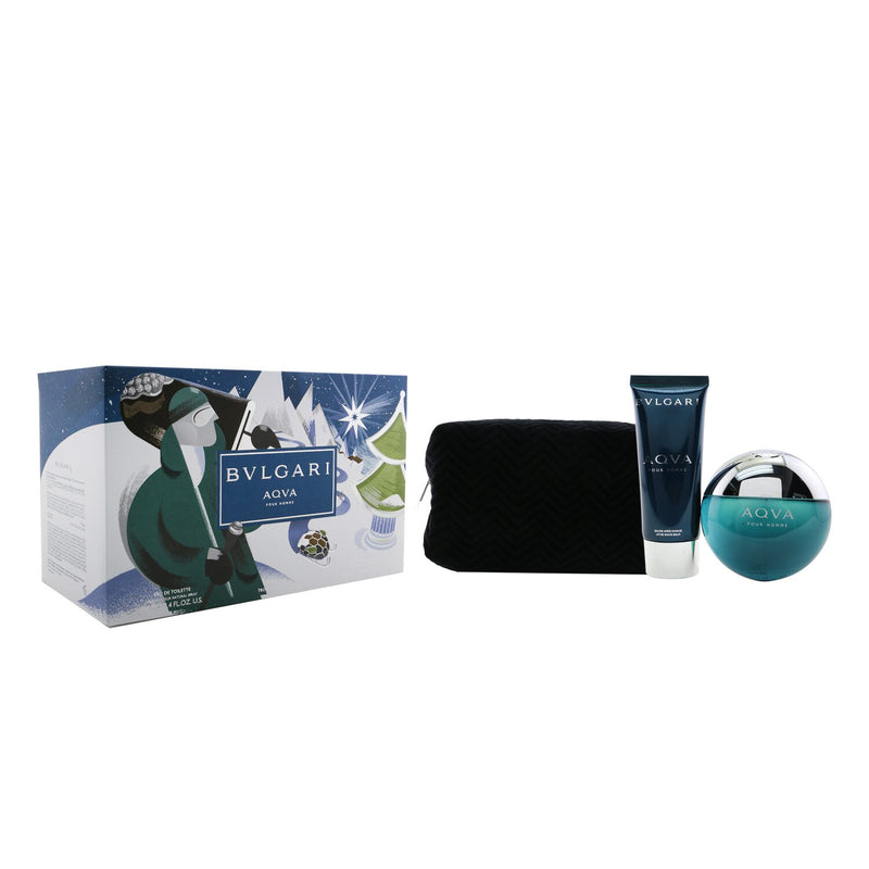 BVLGARI BLV 4 PCS SET FOR MEN: 3.4 EAU DE TOILETTE SPRAY + 2 X 2.5 AFTER  SHAVE BALM + POUCH (PICTURE BOX)