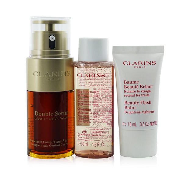 Clarins Youthful Radiance Set: Double Serum 30ml+ Cleansing Micellar Water 50ml+ Beauty Flash Balm 15ml  3pcs