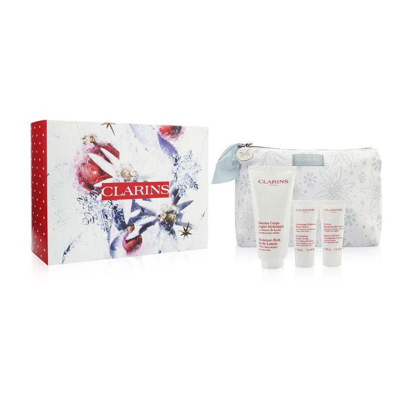 Clarins Body Care Essentials Collection: Moisture-Rich Body Lotion 200ml+ Body Scrub 30ml+ Hand & Nail Cream 30ml+ Bag  3pcs+1bag
