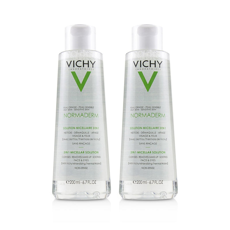 Vichy Normaderm 3 In 1 Micellar Solution Duo Pack - Cleanses, Removes Make-Up & Soothes Face & Eyes ( For Oily / Sensitive Skin)  2x200ml/6.7oz