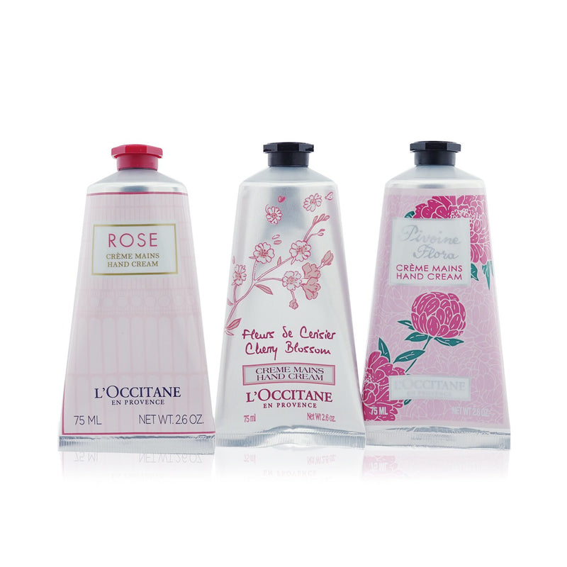 L'Occitane Pink Flowers Hand Cream Collection: Pivoine Flora + Rose + Cherry Blossom  3x75ml/2.6oz