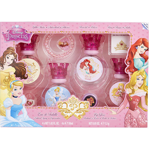 Disney Princess Eau De Toilette Spray 4x & Lip Gloss & Glitter Stickers & Bracelet & Ring 30ml/1oz