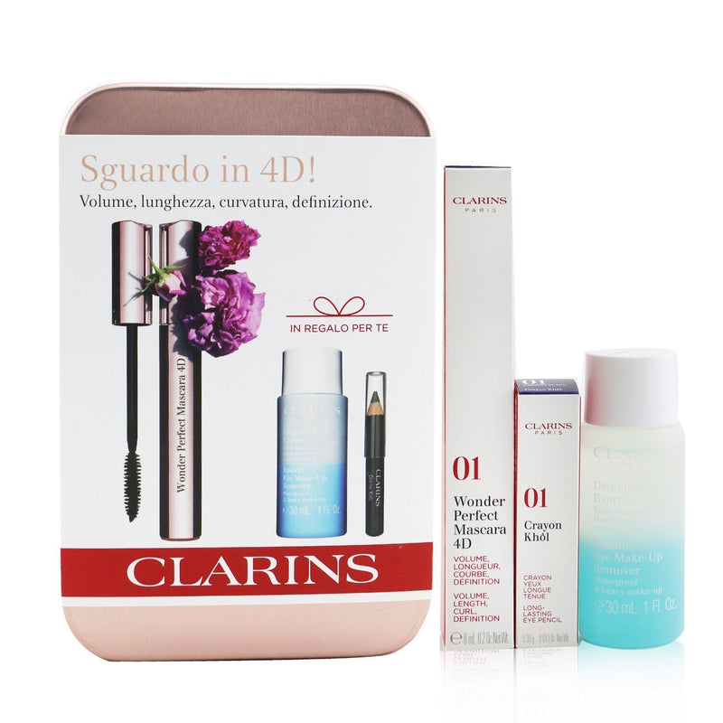 Clarins Wonder Perfect Mascara 4D Set: Mascara 8ml + Instant Eye Make Up Remover 30ml + Mini Crayon Khol  3pcs