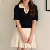 Trendywhere Contrast Collar Twist Short Sleeve Knitwear  Free (XS-M)