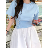 Trendywhere Round Neck Button Front Top  Free (XS-M)