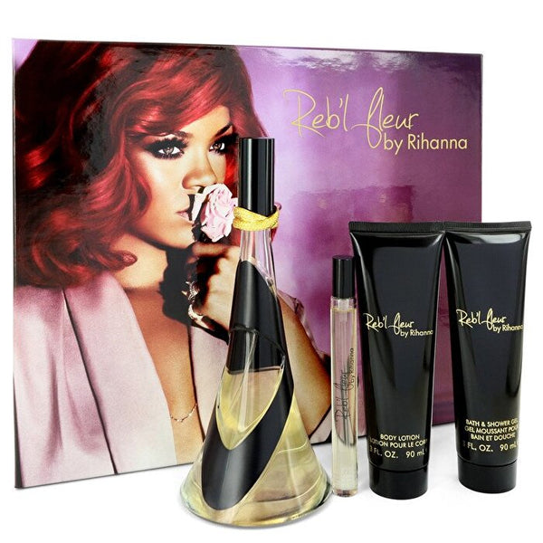 Rihanna Reb'l Fleur Gift Set - Eau De Parfum Spray + 3 oz Body Lotion + 3 oz Shower Gel + Mini Eau De Parfum Spray 3.4 oz