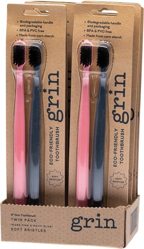 grin Biodegradable Toothbrush Soft Pink & Navy Twin Pack
