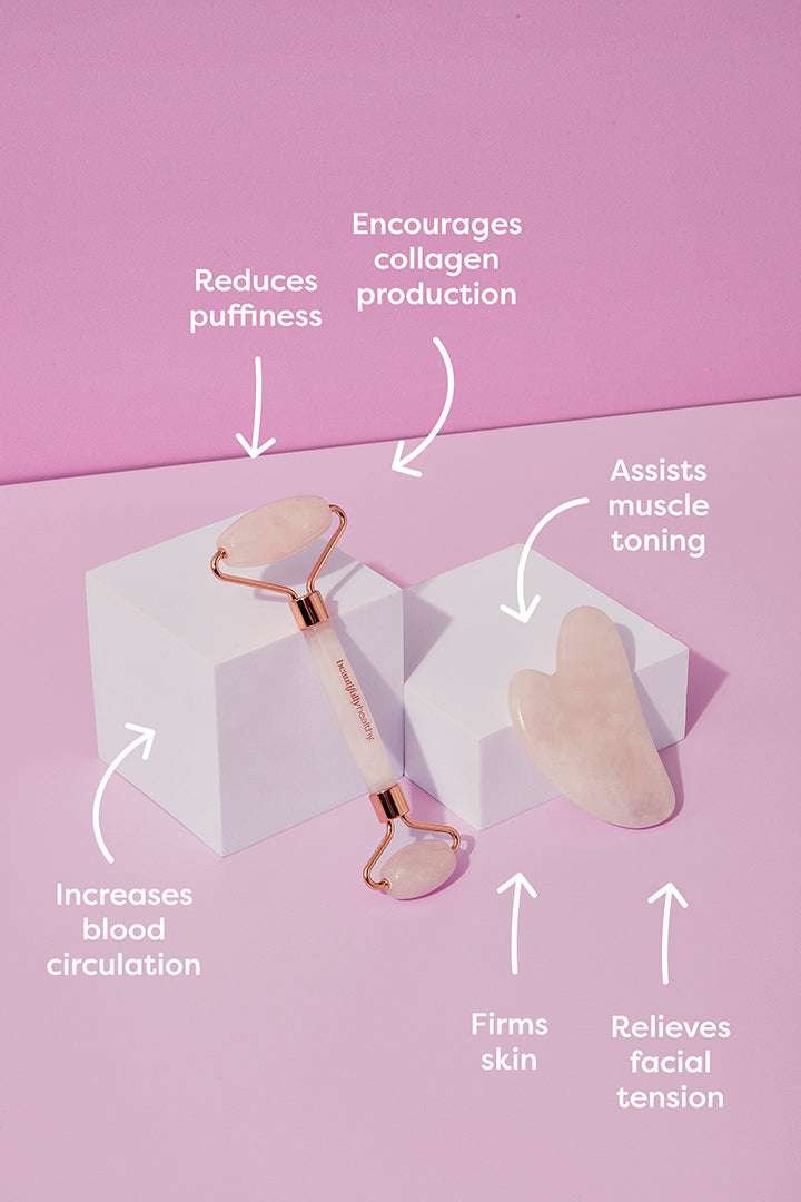 Beautifully Healthy Rose Quartz Massage Set (Gua Sha Stone And Roller)