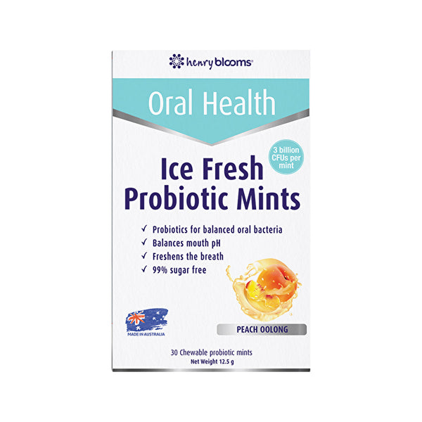 Henry Blooms Oral Health Ice Fresh Probiotic Mints Peach Oolong Chewable Mints x 30 Pack