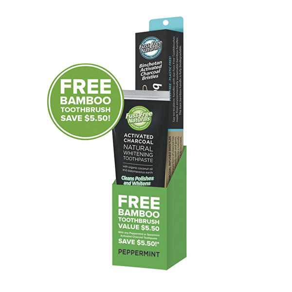 Seven Wonders Essenzza Fuss Free Naturals Activated Charcoal Toothpaste Peppermint BONUS Bamboo Toothbrush 113g