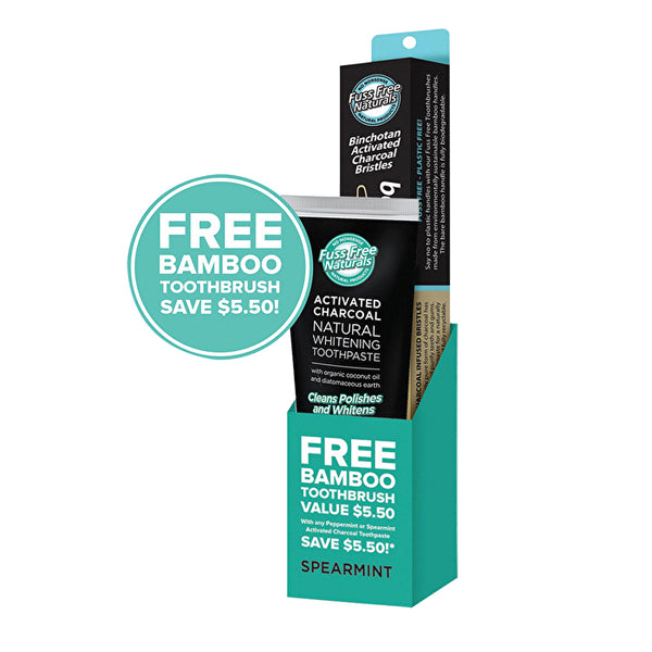 Essenzza Fuss Free Naturals Activated Charcoal Toothpaste Spearmint BONUS Bamboo Toothbrush 113g