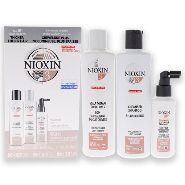 Nioxin System 3 Kit by Nioxin for Unisex - 3 Pc 10.1oz Color Safe Cleanser Shampoo, 10.1 oz Color Safe Scalp Therapy Conditioner, 3.38oz Color Safe Scalp and Hair Treatment