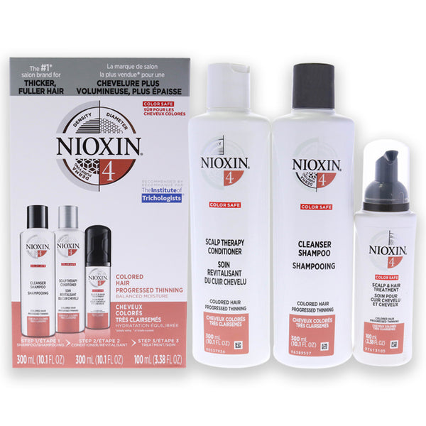 Nioxin System 4 Kit by Nioxin for Unisex - 3 Pc 10.1oz Color Safe Cleanser Shampoo, 10.1 oz Color Safe Scalp Therapy Conditioner, 3.38oz Color Safe Scalp and Hair Treatment