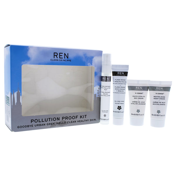 REN Pollution Proof Kit by REN for Unisex - 4 Pc Kit 0.5oz Flash Rinse 1 Minute Facial, 0.5oz V-Cense Youth Vitality Day Cream,0.5oz V-Cense Revitalising Night Cream, 0.30oz Flash Defense Anti-Pollution Mist