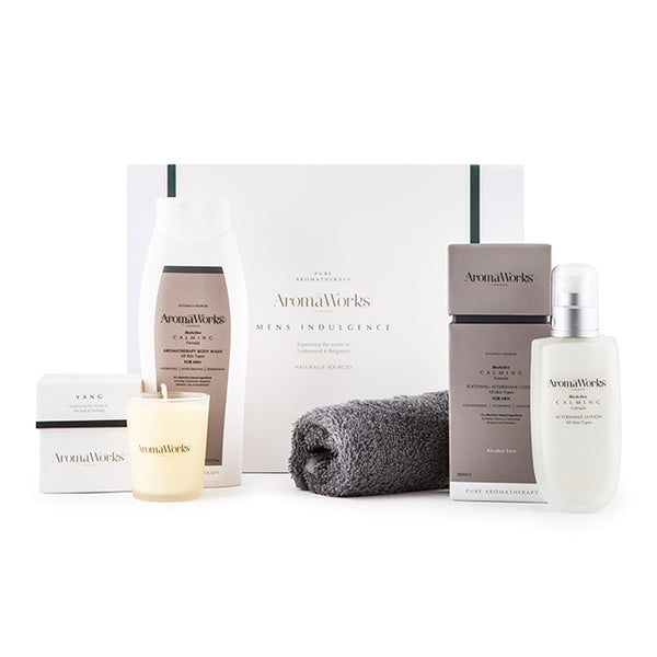 Aromaworks Mens Indulgence Set by Aromaworks for Men - 4 Pc Set 3.4oz Calming AfterShave Lotion, 10.55oz Calming Body Wash 2.6oz Yang Candle, Slate Gray Flannel