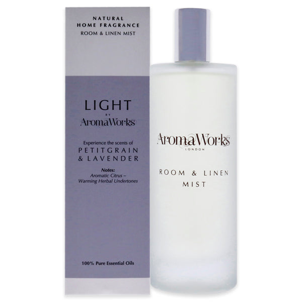 Aromaworks Light Room and Linen Mist - Petitgrain and Lavender by Aromaworks for Unisex - 3.4 oz Room Spray