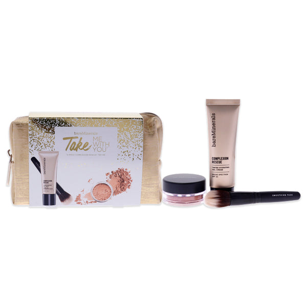 bareMinerals Take Me With You - 07 Tan by bareMinerals for Women - 4 Pc Set 0.03oz Blush - Golden Gate, 0.68oz Complexion Rescue Tinted Hidrating Gel Cream SPF 30 - 07 Tan, Smoothing Face Brush, Makeup Bag