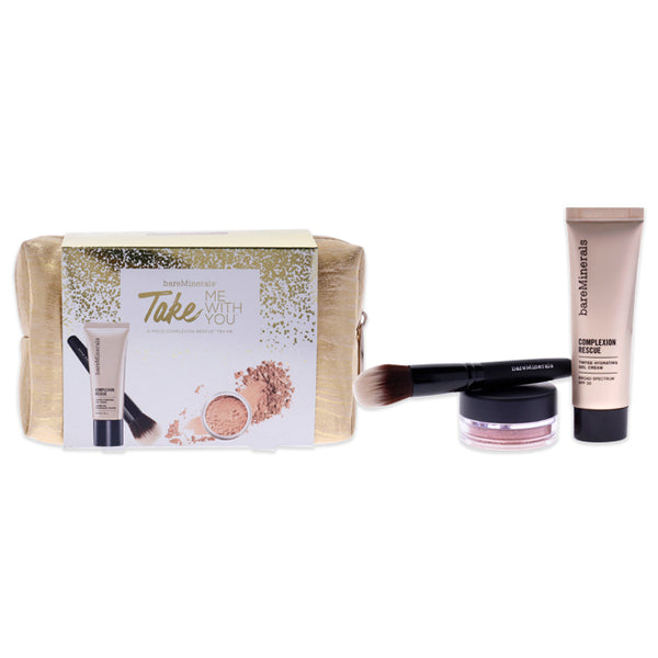 bareMinerals Take Me With You Set - 09 Chestnut by bareMinerals for Women - 4 Pc Set 0.03oz Blush - Golden Gate, 0.68oz Complexion Rescue Tinted Hydrating Gel Cream SPF 30 - 09 Chestnut, Mini Smoothing Face Brush, Makeup Bag