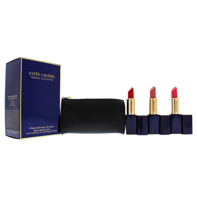 Estee Lauder 3 Pure Color Envy Hi-Lustre Lipsticks Set by Estee Lauder for Women - 4 Pc 3 x 0.12oz Light Sculpting Lipsticks - 110 Nude Reveal, 220 Sheer Sin, 320 Drop Dead Red, Cosmetic Bag