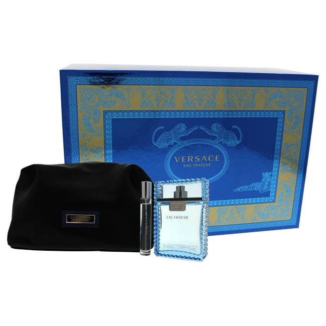 Versace Versace Man Eau Fraiche by Versace for Men - 3 Pc Gift Set 3.4oz EDT Spray, 10ml EDT Spray (Mini), Versace Trousse Man Man