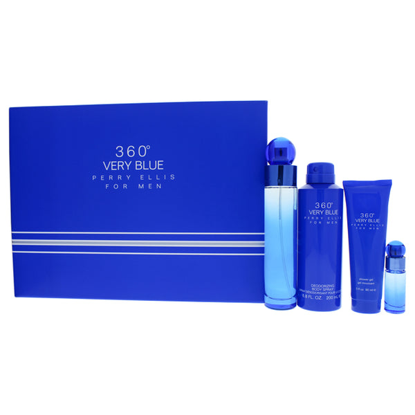 Perry Ellis 360 Very Blue by Perry Ellis for Men - 4 Pc Gift Set 3.4oz EDT Spray, 7.5ml EDT Spray, 6.8oz Body Spray, 3oz Shower Gel