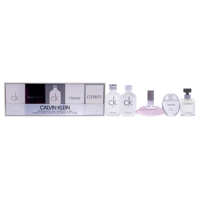 Calvin Klein Calvin Klein Deluxe Fragrance Travel Collection by Calvin Klein for Women - 5 Pc Mini Gift Set 0.33oz CK One EDT Splash, 0.13oz Euphoria EDP Splash, 0.33oz Calvin Klein All EDT Splash, 0.17oz Obsessed, 0.17oz Eternity EDP Splash