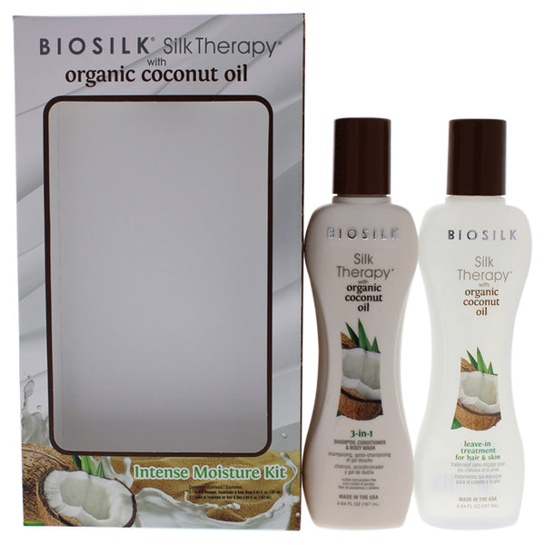 Biosilk Silk Therapy With Organic Coconut Intense Moisture Kit by Biosilk for Unisex - 2 Pc 5.64oz 3-In-1 Shampoo, Conditioner and Body Wash, 5.64 oz Silk Leave-In Treatment