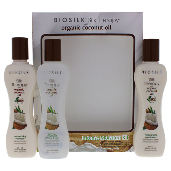 BioSilk Silk Therapy With Organic Coconut Intense Moisture Kit by Biosilk for Unisex - 3 Pc 5.64oz Shampoo, 5.64oz Conditioner, 5.64oz Leave-In Treatment for Hair and Skin
