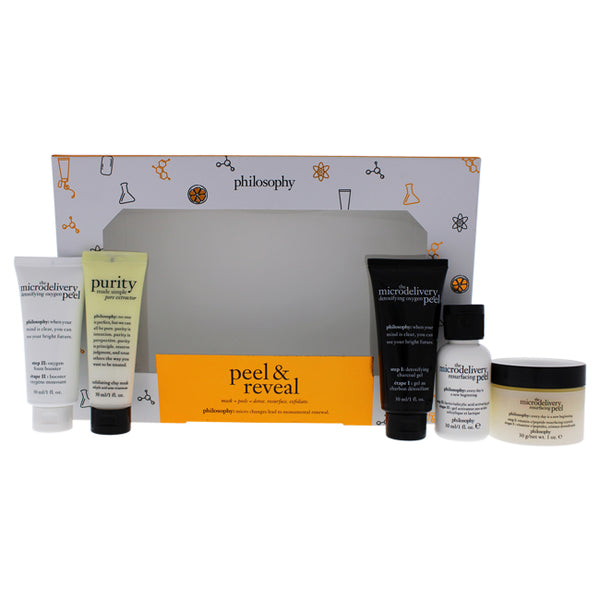 Philosophy Peel and Reveal Kit by Philosophy for Unisex - 5 Pc 1oz Detoxifying Charcoal Gel, 1oz Oxygen Foam Booster, 1oz Vitamin C - Peptide Resurfacing Crystals, 1oz Lactic-Salicylic Acid Activating Gel, 1oz Purity Made Simple Pore Extractor Exfoliating