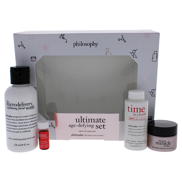 Philosophy Ultimate Age Defying Kit by Philosophy for Unisex - 4 Pc 4oz The Microdelivery Exfoliating Facial Wash, 0.85oz Time In A Bottle 100 Percent In-Control Serum, 0.07oz Time In A Bottle Resist Renew Repair Activator, 0.5oz Ultimate Miracle Worker M