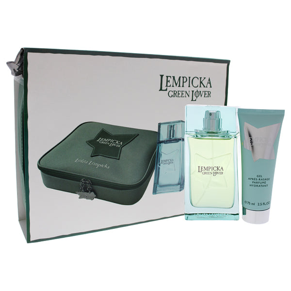 Lolita Lempicka Green Lover by Lolita Lempicka for Men - 3 Pc Gift Set 3.4oz EDT Spray, 2.5oz After Shave Gel, Pouch
