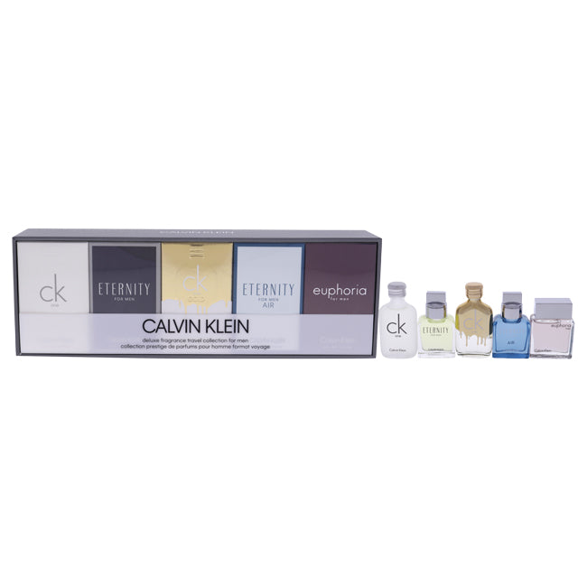 Calvin Klein Calvin Klein Deluxe Fragrance Travel Collection by Calvin Klein for Men - 5 Pc Mini Gift Set 0.33oz Ck One EDT Spray, 033oz Eternity EDT Spray, 0.33oz Ck One Gold EDT Spray, 0.33oz Eternity Air EDT Spray, 0.33oz Euphoria EDT Spray