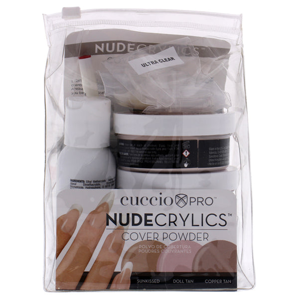 Cuccio Pro Nudecrylics Cover Powder Kit by Cuccio Pro for Women - 1 Kit 3 x 1.6oz Nudecrylics Color Powders - Dolll Tan, Sunkissed, Cooper Tan, 0.07oz Primer Pen, 0.07oz Instant Nail Glue, 0.07oz Ultra Clear Monomer, 20pc High C Curve Tips Assorted, 20pc