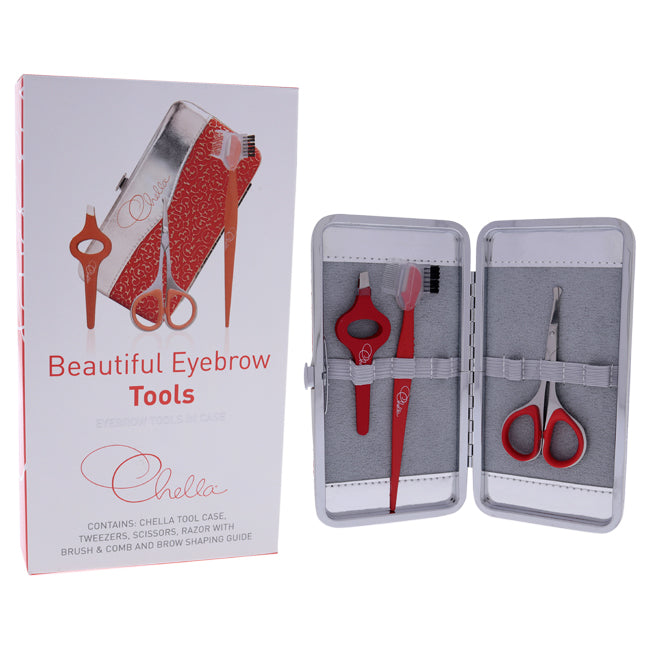 Chella Eyebrow Tools In Case Kit by Chella for Women - 4 Pc Tweezers, Scissor, Razor with Brush and Comb, Tools In Case