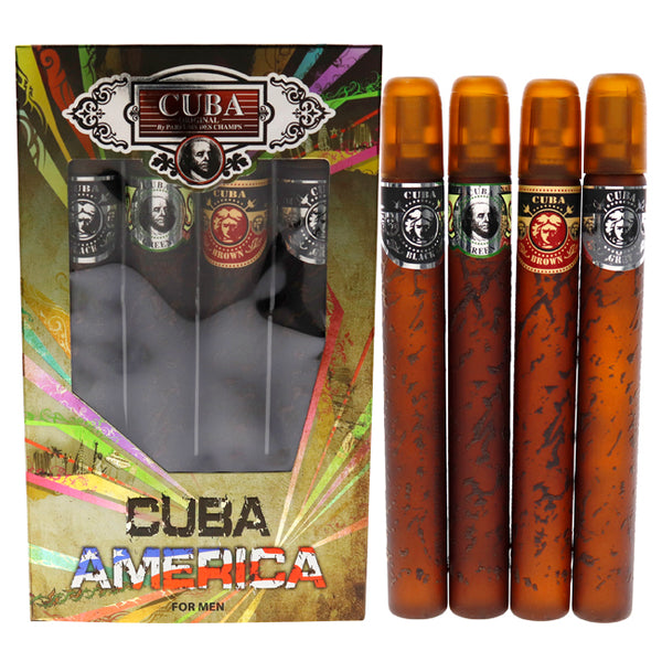 Cuba Cuba America by Cuba for Men - 4 Pc Gift Set 1.17oz EDT Spray Black, 1.17oz EDT Spray Green, 1.17oz EDT Spray Brown, 1.17oz EDT Spray Grey
