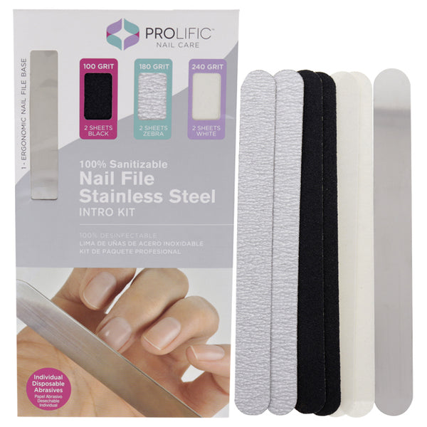 Prolific Pro Sanitizable Nail File Stainless Steel Kit by Prolific for Unisex - 4 Pc 100 Grit Black 2 Sheets Nail File , 180 Grit Zebra 2 Sheets Nail File, 240 Grit White 2 Sheets Nail File, Pro Nail Stainless Steel File