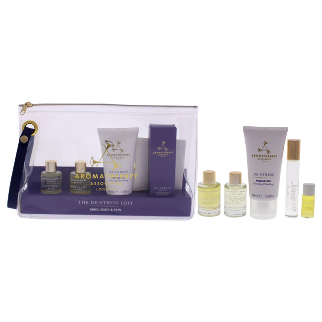 Aromatherapy Associates The De-Stress Edit Set by Aromatherapy Associates for Women - 5 Pc 10ml De-Stress Mind Rollerball, 9ml De-Stress Mind Bath and Shower Oil, 9ml De-Stress Muscle Bath and Shower Oil, 1.35oz De-Stress Muscle Gel, 3ml Inner Strength So