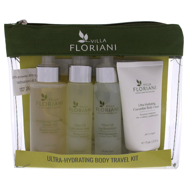 Villa Floriani Ultra-Hydrating Body Travel Kit by Villa Floriani for Unisex - 5 Pc 3.4oz Revitalizing Cucumber Shower Gel, 2.53oz Ultra Hydrating Cucumber Body Cream, 1.69oz Olive Oil Sating Body Spray, 1.69oz Olive Oil Leg Revitalizer, 1.41oz Olive Oil B