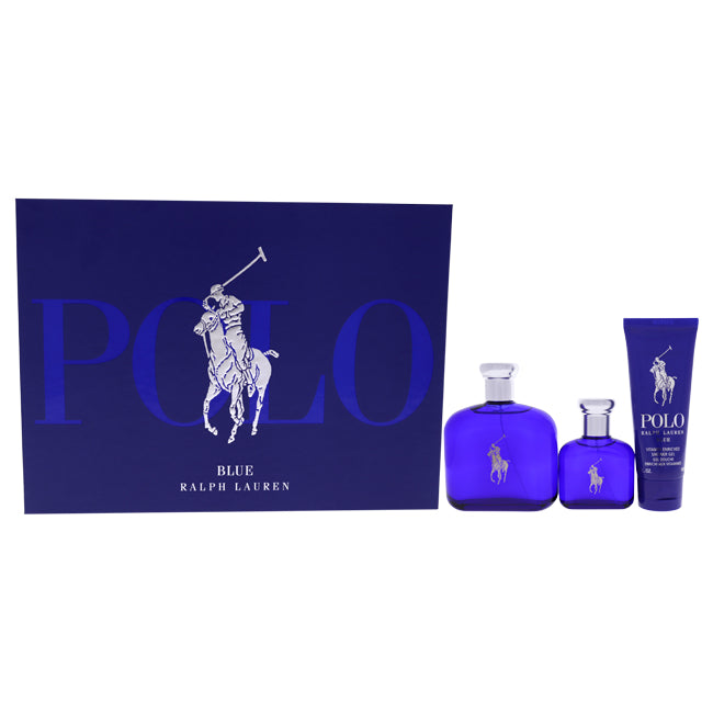 Ralph Lauren Polo Blue by Ralph Lauren for Men - 3 Pc Gift Set 4.2oz EDT Spray, 1.36oz EDT Spray, 3.4oz Vitamin Enriched Shower Gel