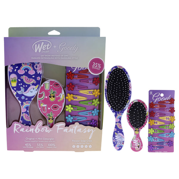 Wet Brush Rainbow Fantasy Goody Kit by Wet Brush for Unisex - 3 Pc 1 Mini Detangler, 1 Original Detangler, 12x Flower Snap Clips