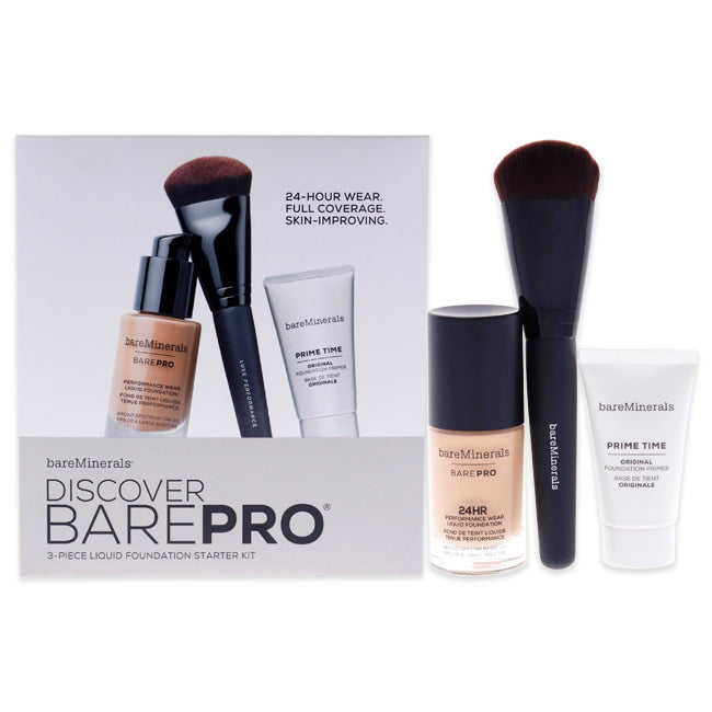 BareMinerals Discover Barepro Liquid Foundation Starter Kit by BareMinerals for Women - 3 Pc 0.47oz BarePro Performance Wear Liquid Foundation SPF 20 - 18 Pecan, 0.5ozPrime Time Original Foundation, Luxe Performance Brush