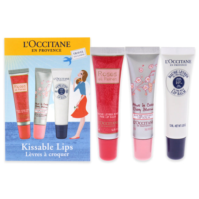 LOccitane Kissable Lips Set by LOccitane for Women - 3 Pc 0.4oz Shea Butter Ultra Rich Lip Balm, 0.39oz Roses Et Reine Pink Lip Balm, 0.4oz Cherry Blossom Lip Balm