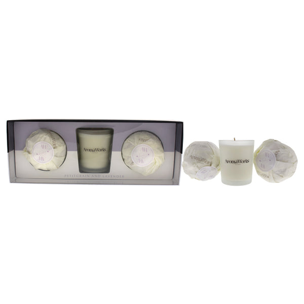Aromaworks Light Candle Set - Petitgrain and Lavender by Aromaworks for Unisex - 3 Pc 2.65 oz Candle, 2 Pc Mini AromaBomb
