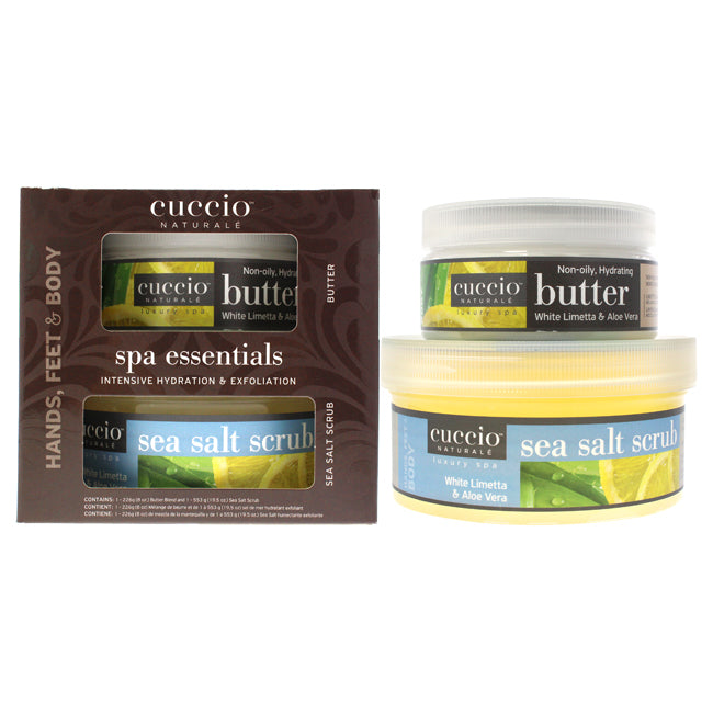 Cuccio Spa Essentials Kit - White Limetta and Aloe Vera by Cuccio for Women - 2 Pc 19.5oz Sea Salt Scrub, 8oz Butter Blend