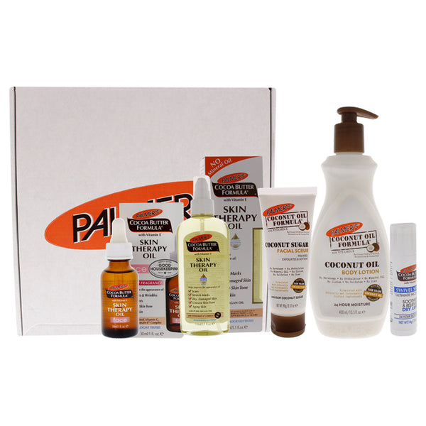 Palmers Palmers Influencer Kit by Palmers for Unisex - 5 Pc 0.5oz Cocoa Butter Formula Swivel Stick Lip Balm, 3.17oz Coconut Sugar Facial Scrub, 1oz Cocoa Butter Formula Skin Therapy Oil With Vitamin E, 13.5oz Coconut Oil Body Lotion, 5.1oz Cocoa Butter F