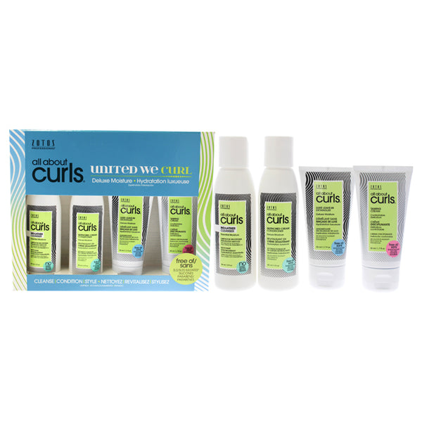 All About Curls Deluxe Moisture Kit by All About Curls for Unisex - 4 Pc 3oz No-Lather Cleanser, 3oz Quenched Cream Conditioner, 1.7oz Luxe Leave-In Detangler, 1.7oz Taming Cream