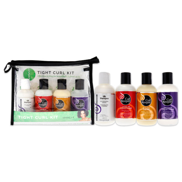 Curl Keeper Tight Curl Kit by Curl Keeper for Unisex - 4 Pc Set 3.4oz Silk Shampoo Rich Moisturizing Cleanser, 3.4oz Leave-In Conditioner Softens Rough Dry Hair, 3.4oz Styling Cream Tames Textured Hair, 3.4oz Original Liquid Styler Frizz-Free Curls