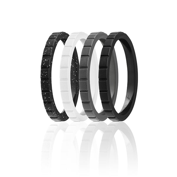 Silicone Wedding Stackble Lines Ring Set - Black-White by ROQ for Women - 4 x 4 mm Ring